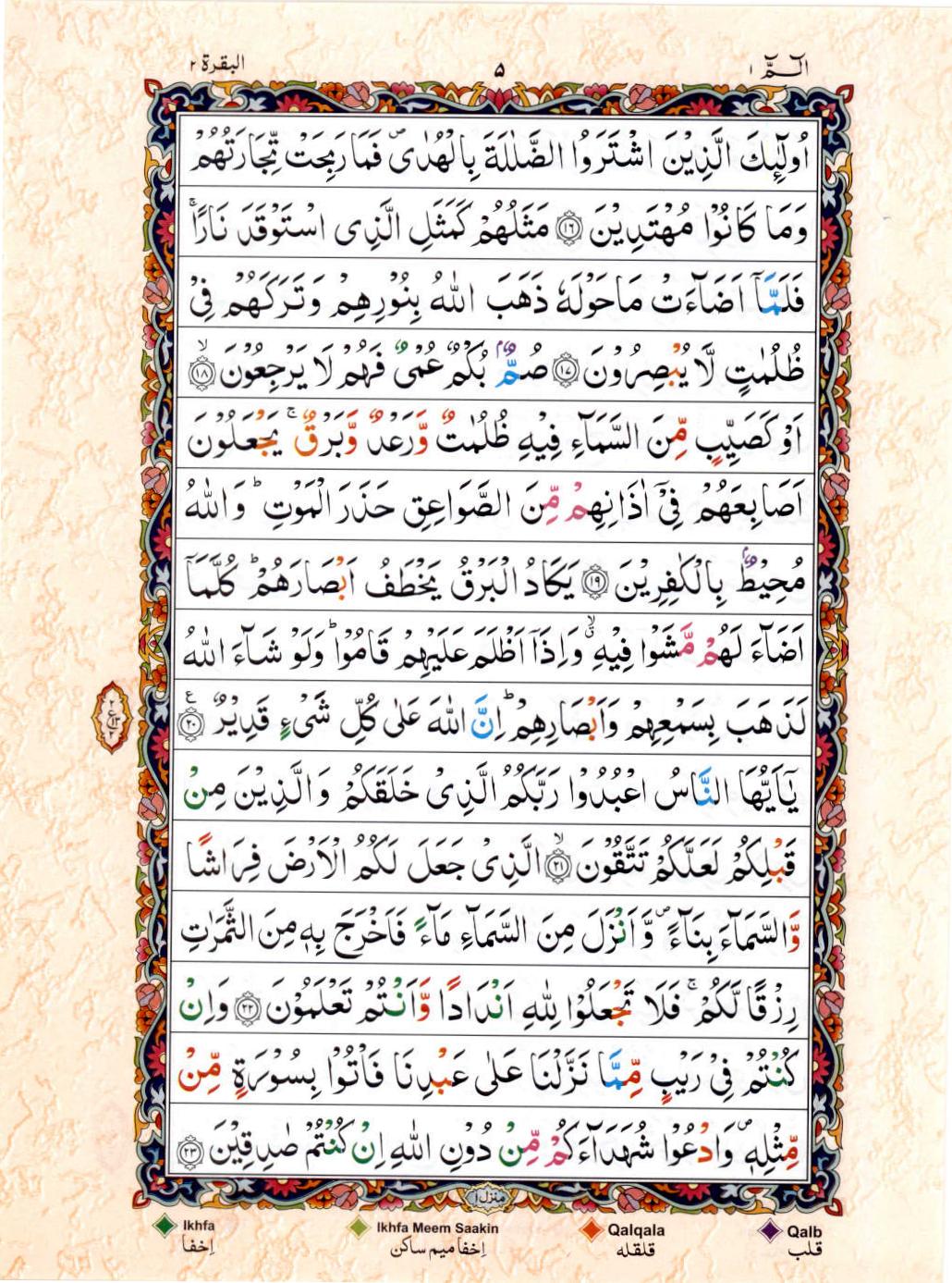 Read 15 Lines Color Coded Quran, Part / Chapter / Siparah 1 Page 5